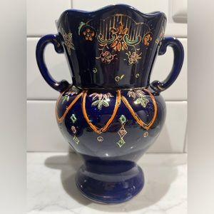 Vintage Japanese double handled vase cobalt blue 1920s hand painted